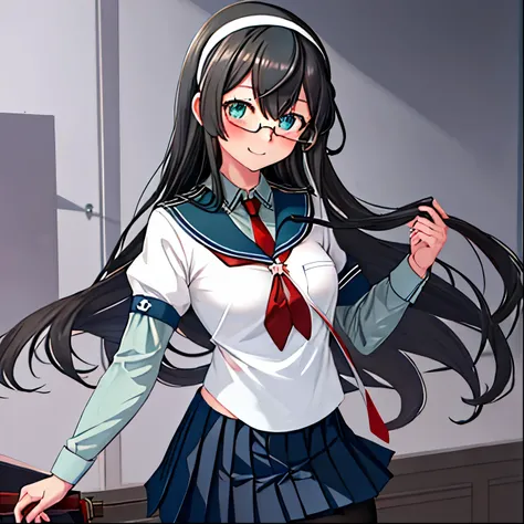 best quality, masterpiece, highres, solo, {ooyodo_kantaicollection:1.15}, black_hair, long_hair, glasses, hairband, semi-rimless_eyewear, under-rim_eyewear, blue_eyes, green_eyes, blush,small_breasts, 1girl, school_uniform, serafuku, pleats_skirt, looking_...
