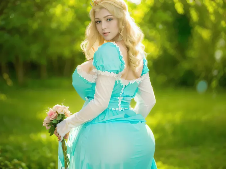 pregnant woman in a blue dress with a flower in her hand, blonde - haired princess, lovely languid princess, beautiful princess, princess peach), beautiful maiden, beautiful fantasy maiden, beautiful female princess, princess peach, elegant glamourous cosp...