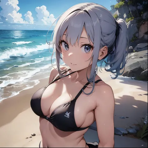 Silver-haired girl drawn in high resolution Japanese anime style、whole body、Women in yellow bikinis taking photos on a deserted beach, model bikini, , Young and cute gravure idol, Posing together in a bra, Russian and Japanese mix, sakimichan, Asian woman,...