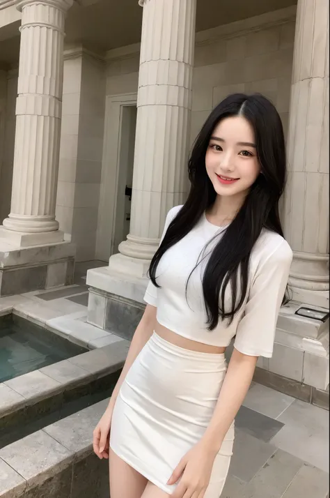 22-year-old girl, with gray eyes, pale white skin, slim figure, smiling, black hair, fashionable, photo taken with an ultra-realistic professional camera, she is in a temple to a cult