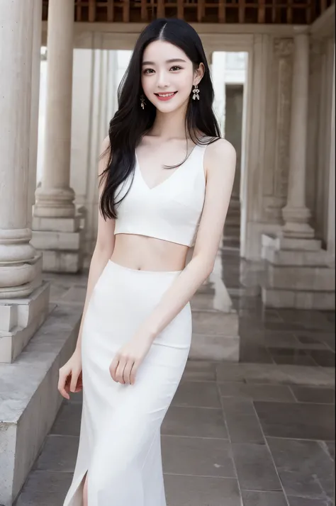 22-year-old girl, with gray eyes, pale white skin, slim figure, smiling, black hair, fashionable, photo taken with an ultra-realistic professional camera, she is in a temple to a cult