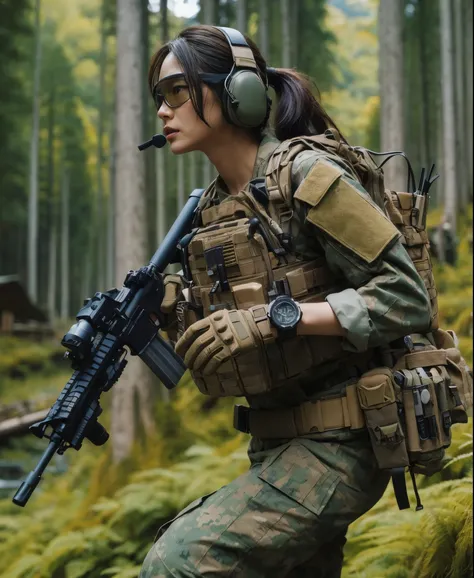 realistic military photo, 1 japanese woman in special forces, running through coniferous forest, engaged in gunfight, wearing full tactical gear, detailed equipment and accessories, bulletproof vest, wristwatch, military pants, realistic skin textures, hyp...