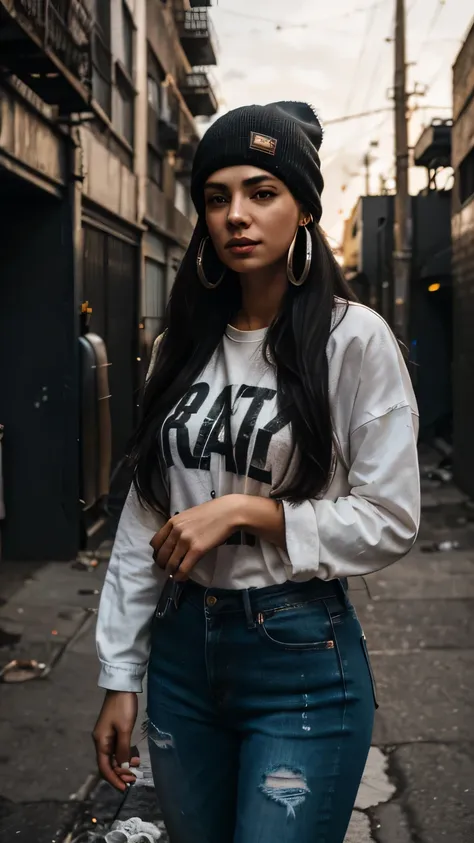 a woman in the streets, dirty urban alleyway, long flowing black hair, wearing jeans, white shirt with print, beanie hat to keep warm, large hoop earrings, photorealistic, 8k, highly detailed, cinematic lighting, gritty urban atmosphere, moody color tones