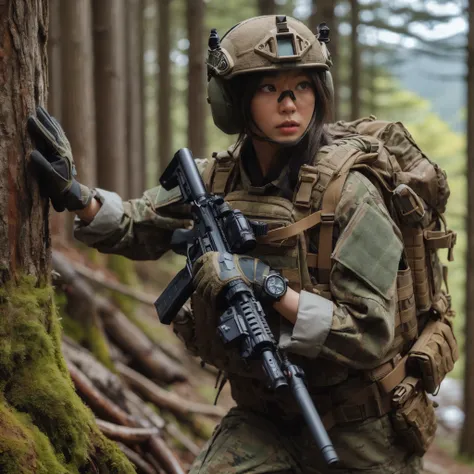 realistic military photo, 1 japanese woman in special forces, running through coniferous forest, engaged in gunfight, wearing full tactical gear, detailed equipment and accessories, bulletproof vest, wristwatch, military pants, realistic skin textures, hyp...