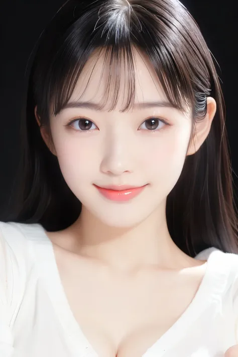 (Highest quality、Tabletop、8k、Best image quality、Award-winning works)、Cute beauty、(Bare neck:1.2)、(The perfect V-neck:1.1)、(The perfect all black V-neck long sleeve knit:1.5)、(The simplest pure black background:1.5)、(Face close-up:1.4)、(Very large breasts:1...