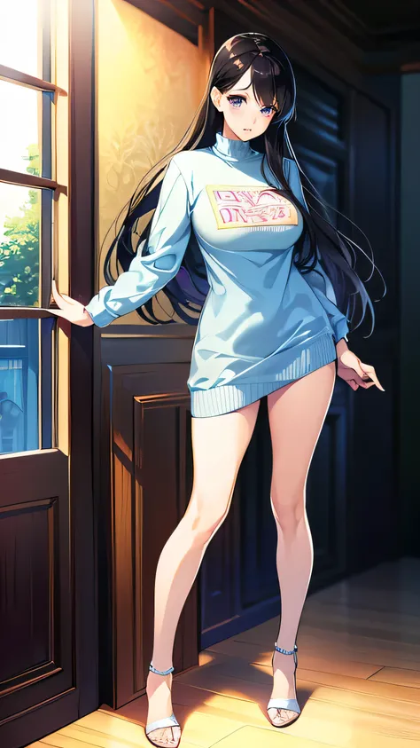 （Ｔshirt：1.4）、Black Hair、(manga:1.4),Highly detailed CG 8k highest quality, Volumetric lighting, Highly detailed face, , Long Hair, sweater, Huge big breasts, Slender body, Cute heels,standing,Bright light blue clothes