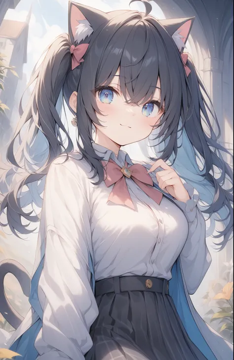 超High resolution, Attention to detail, high quality, High resolution, 最high quality, 4K, 8k, Awards, (artwork)、((Black cat)),Black hair twin tails、Female student、uniform、cute、Blue Eyes、((I have a cat on my head))