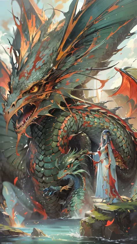 ((Highest quality)),(Ultra-high resolution),(Very detailed),(Detailed Description),((The best CG)),(A masterpiece),Ultra-detailed art,Amazing painting art,(Fantasy art with intricate detail:1.5), (Female Dragon Person:1.6),(Beautiful and well-proportioned ...