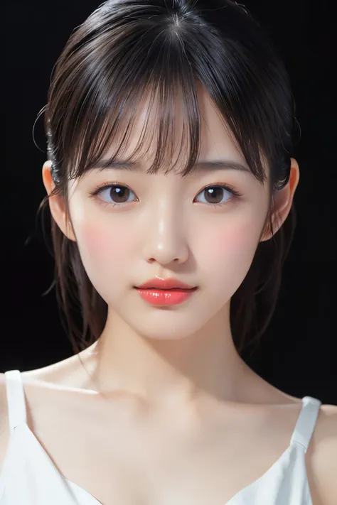 (Highest quality、Tabletop、8k、Best image quality、Award-winning works)、Cute beauty、(nude:1.1)、(The simplest pure black background:1.5)、(Face close-up:1.6)、Accentuate your body lines、Beautiful and exquisite、Expressionless、(look straight at me:1.1)、(stand upri...
