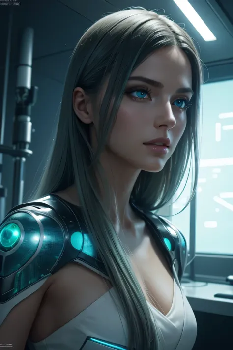 a tall woman in a laboratory, highly detailed, beautiful detailed eyes, beautiful detailed lips, extremely detailed eyes and face, long eyelashes, futuristic laboratory, sophisticated scientific equipment, complex machinery, glowing holographic displays, a...