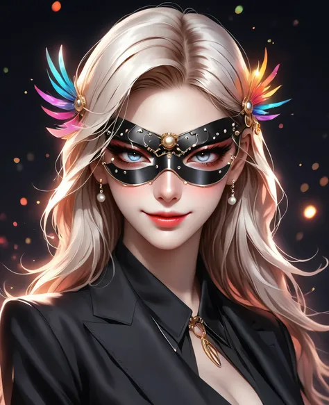 (Digital Illustration，Detailed anime style，Heavy Metal Cyberpunk，Pearl tassel eye mask，Girl wearing metal hollow mask eyepatch，Queen aura，out a hand，Solitary，symmetry)，(Big colorful eyes，Fashionable and exquisite facial features，Exquisite makeup，Smooth ski...