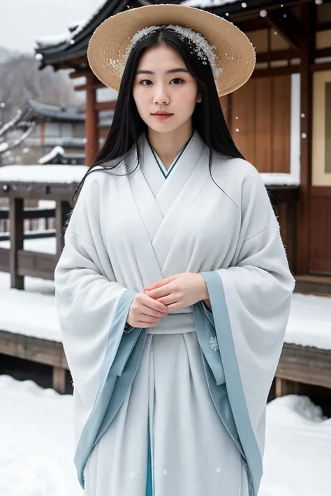 “Imagine a serene snowy landscape at night, illuminated by the soft glow of the moon. In the midst of the falling snowflakes stands Yuki-onna, the snow woman of Japanese folklore. She is ethereal and hauntingly beautiful, with long, flowing black hair and ...