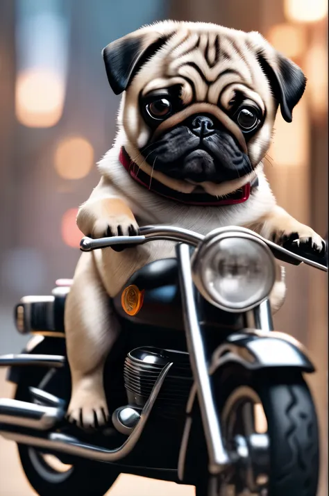 pug, dog on a motorcycle, high resolution, masterpiece, 8k, 4k, (realistic photos), (realistic), bokeh,