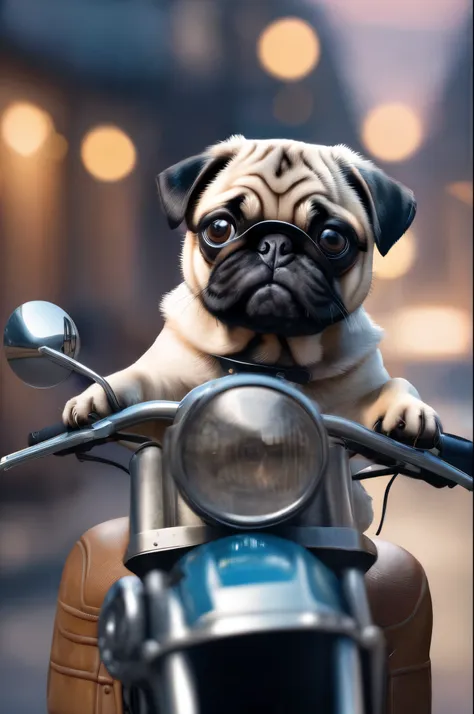 pug, dog on a motorcycle, high resolution, masterpiece, 8k, 4k, (realistic photos), (realistic), bokeh,