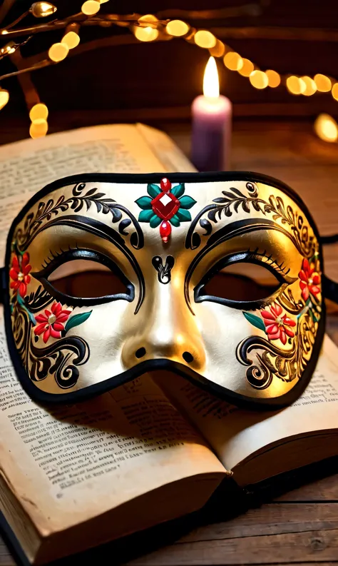 Cotton eye mask, vintage old detailed patchwork fabric cotton eye mask, intricate textiles, intricate artwork, eye mask, masquerade mask, vintage, Russian style, background: very old books, dead grass, holiday lights
