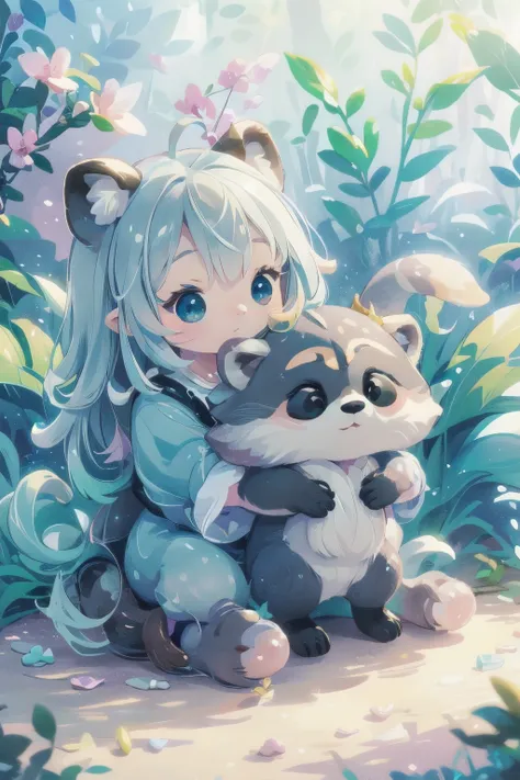 cute raccoon in a surreal, dreamy fantasy scene、detailed digital illustration、8k、very detailed、very realistic、photorealistic、bri...