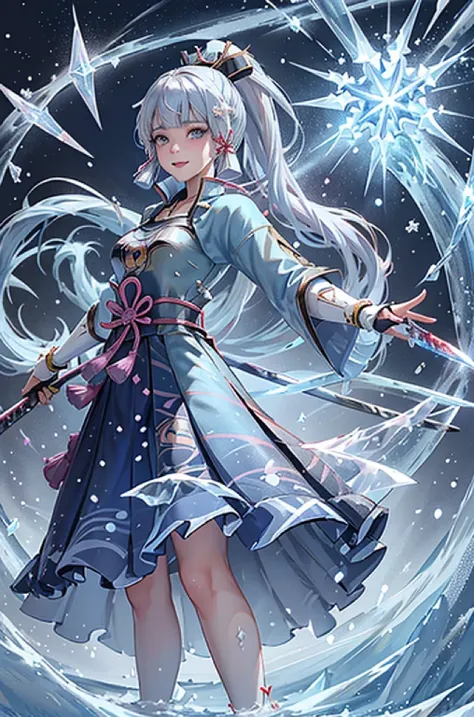 ((kamisatoayakadef)),1 Anime Girl, Warrior, Realistic people,Realistic, beautiful, smile, elegant, Majestic, Splash Art, Particles of light, Diamond Blade, (Cold Energy, Cold Blast, cold water: 1.4) Dynamic pose, ((Japanese Sword,Grab your sword))((Holding...