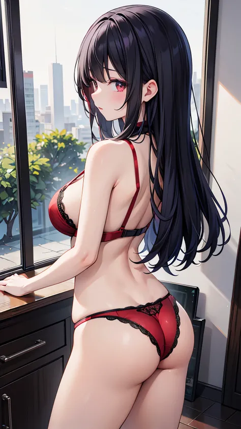 Highest quality, masterpiece, One black haired girl, (((sexy red bra))),alone, (((Red T-back panties))), Are standing, ((Beautiful buttocks with good shape)), (((Turn your back to the viewer)))