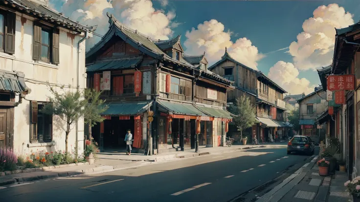 oil_,architecture, traditional chinese street,sunlight, flowers, green plants,((blue sky)),((cloud)),(no car)