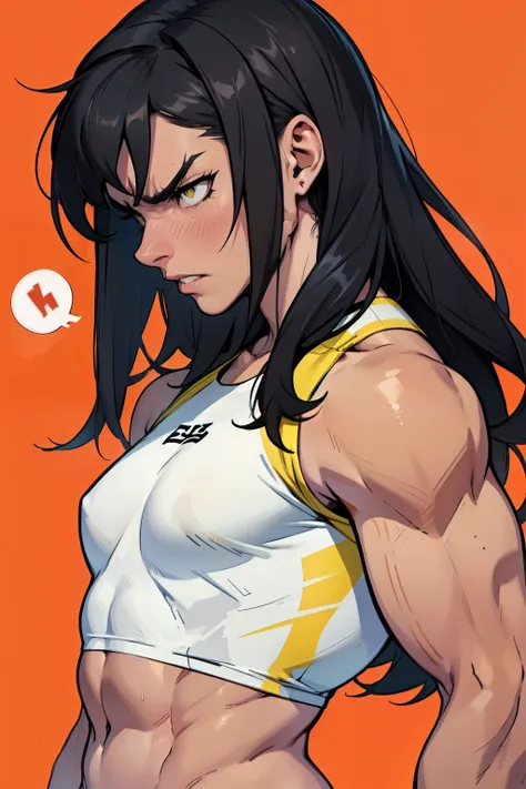 muscular girl small breasts thick thick thick thick thick black hair yellow eyes pale skin disappointed disgusted annoyed disdain athletic female