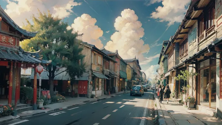 Oil_,architecture, Traditional Chinese Street,Sunlight, Flowers, Green Plants,((Blue sky)),((cloud)),(no car)