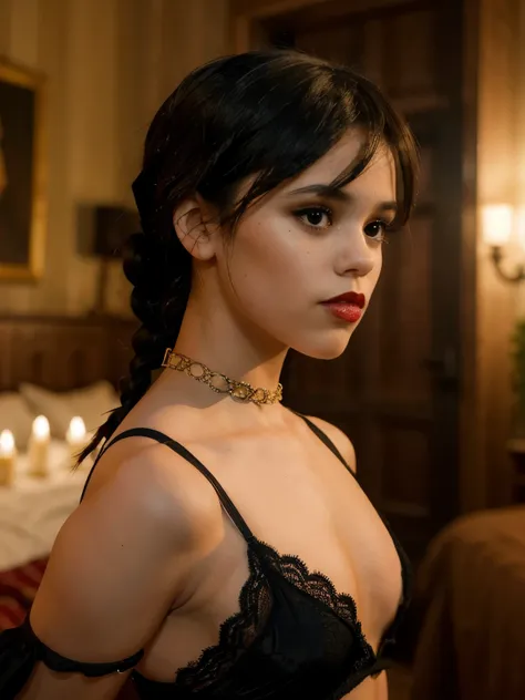 jenna_ortega as wednesday adams, pale skine, dressed in small black lingerie, bare shoulders, hair tied into two small braids, r...