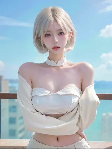 Beautiful woman with perfect figure：1.4，Layered hairstyle，White skin，Prominent cleavage，Bikini：1.5，Super short pleated skirt，whole body，Very delicate facial and skin texture，Double eyelids，Skin Whitening，Long white hair