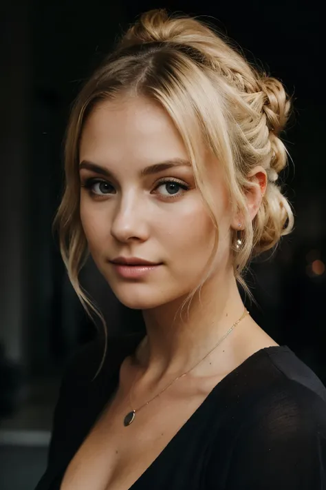 blonde woman making eye contact with hair, gathered in a bun, and dark theme