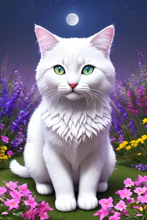 A mesmerizing sight of a bipedal cat, shimmering under the gentle glow of a full moon, surrounded by a vibrant array of flowers. This enchanting figure, with its feline features carefully sculpted, showcases intricate details that echo the grace of a real ...