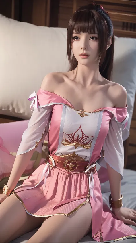 一个女孩Lying in bed，Face up，Raise your legs slightly，Front view super detailed beautiful big breasted girl 16 years old. Ultra HD, 4k, 8K, Movie，whole body，Lying down，Long legs，Very big breasts，whole body捕捉，（（（Lying in bed））），（（（whole bodyLying in bed））），Pink...