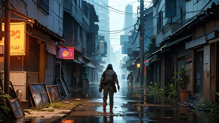 ((melhor qualidade)), ((Obra de arte)), ((detalhado)), Broken video games and Computers (PC) lying around everywhere. Its night, its almost 1 a.m. in a post-apocalyptic scenario, of a city destroyed by floods, water and lame in the streets, RUST, VEGETATIO...