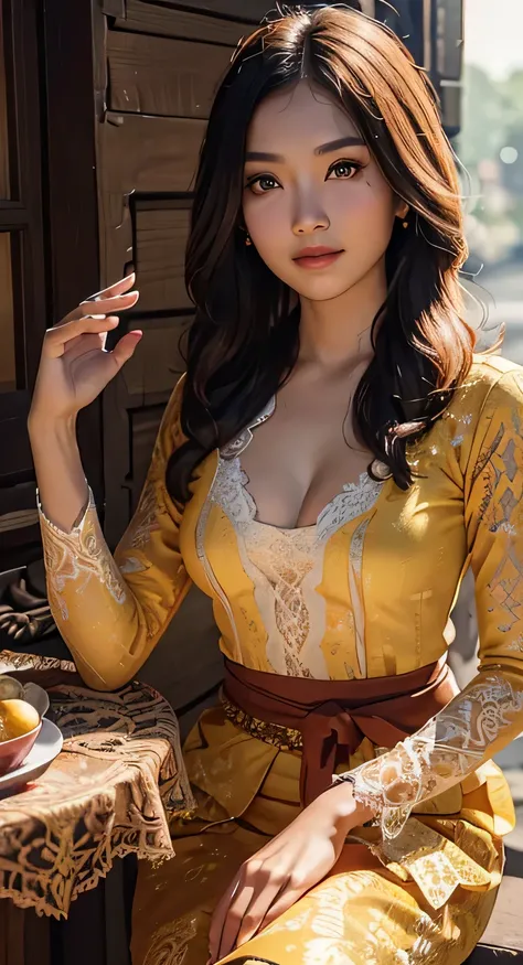 1 Indonesian-Dutch girl, 25 years old, long fashion hair, fit body, small cleavage, skintight white lace kebaya, batik skirt, masterpiece, highly detailed, ultra hd, 8k, detailed face, bright eyes, perfect eyes, detailed skin texture, detailed lips, sexy l...