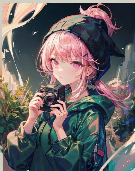 Y2k outfit, holding a camera in one hand and holding it up on her face, 20 years old, Y2k, oversized hoodie, cute, ((dark Moss green hoodie)), Hair tied on both sides, pink hair, pink eyes, pink beanie, metal hairpin