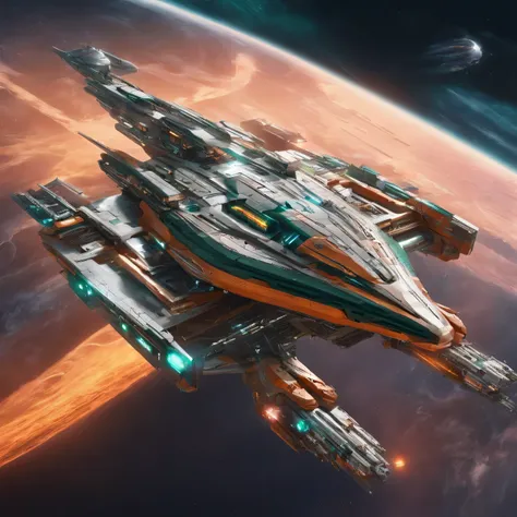 A stunning 3D render of a futuristic spaceship merging the iconic elements of J. Michael Straczynskis GQuan Heavy Cruiser and a metallic green Mack Truck cargo hauler. The spaceship is a massive frigate with a sleek, ultramodern design, featuring a blend o...