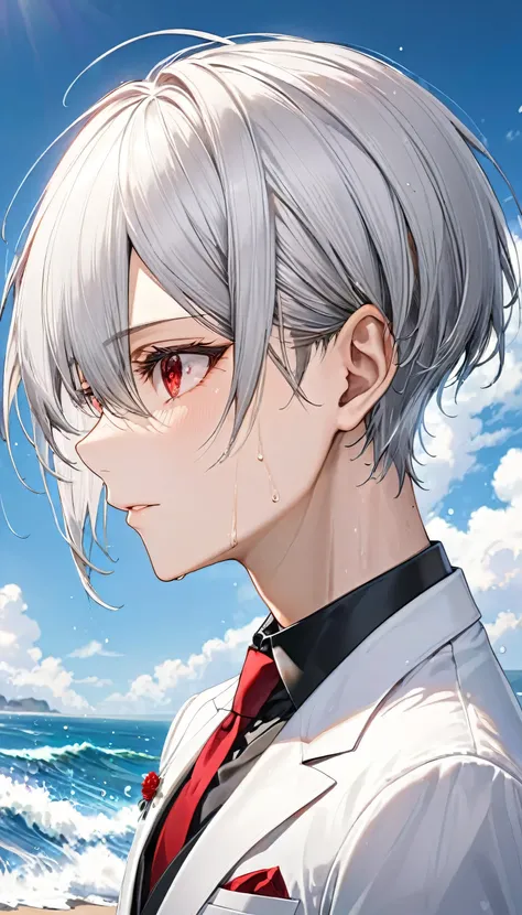 (profile:2), (love style) ((16 yo)), (solo:2 crew cut silver hair very short hair divine cool boy, serious red eyes, sweaty skin), break, (in a butler suit), break, (in the open ocean view beach), (background detailed ocean), BREAK, perfect anatomy, master...