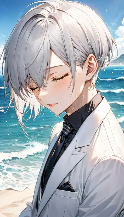 (profile:2), (love style) ((16 yo)), (solo:2 crew cut silver hair very short hair divine cool boy, serious closed eyes, sweaty skin), break, (in a butler suit), break, (in the open ocean view beach), (background detailed ocean), BREAK, perfect anatomy, mas...