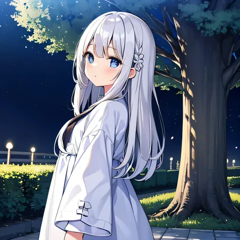 Wearing white clothes、Girl Turning Around、Gray Hair、blue eyes、Big tree in front、night