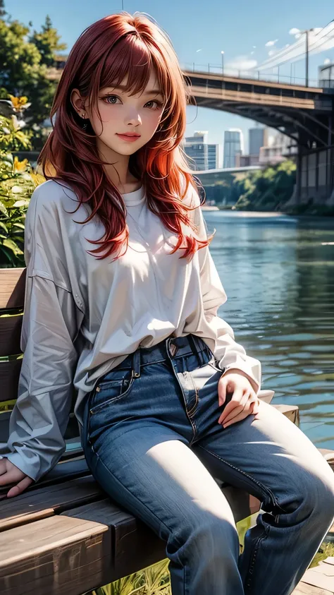 digital art, (girl, red_hair, flowers, baggy jeans, white shirt, a modest smile, cute appearance), (sit on a bench, river in the...