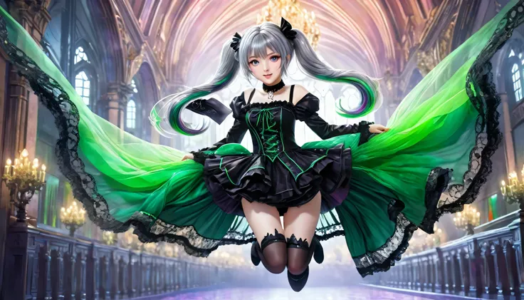 (One girl),Gothic,Twin tails,Gray Hair, Organza Lace,Gorgeous and elaborate clothes,Gothic, flight, green, (colorful), Bold, Gradient Blend, Motion Blur, Sparkling Texture, Dynamic configuration, Atmospheric perspective, Impressionist, , (masterpiece), (Hi...