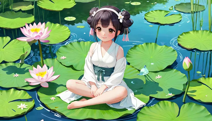 There is a girl sitting on a leaf, (White clothes), Fresh color scheme, There are stuffed toys, Gubes-style artwork, Popular with CGstation, An illustration：Li Song, Soft Anime, Lying on a water lily mat, Sitting on a lotus flower, Cute and detailed digita...