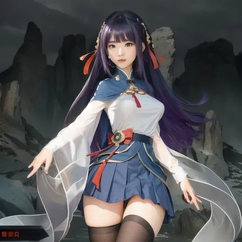 a close up of a woman in a short skirt and a cape xianxia style, purple-ish hair