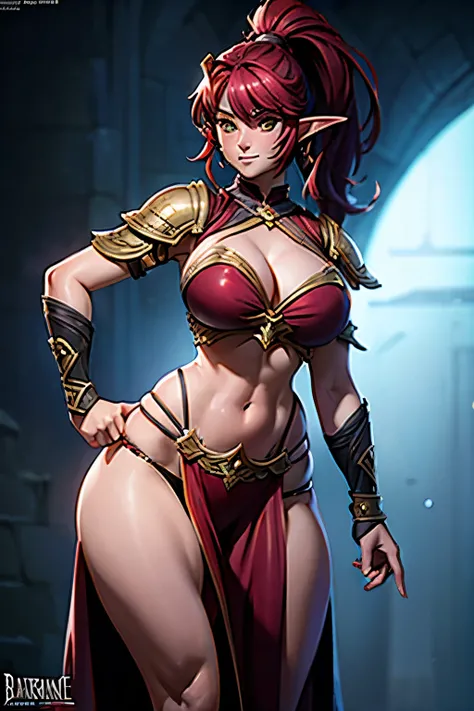 a portrait of a female elf warrior, long burgundy ponytail, black and burgundy armor bikini with busty cleavage, highly detailed face, great aesthetics, curvaceous, amplehips, magnificently detailed accentuated big booty, thick_thighs, breathtaking detail,...