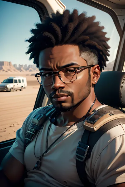 a man with glasses driving a vehicle in the desert, a character portrait, by Michael Komarck, afrofuturism, childrens gambino, face-on head shot, humvee, thick neck, anorld render, twoface, afroamerican, hyper realistic absurd, mixed-race, starwars, realis...