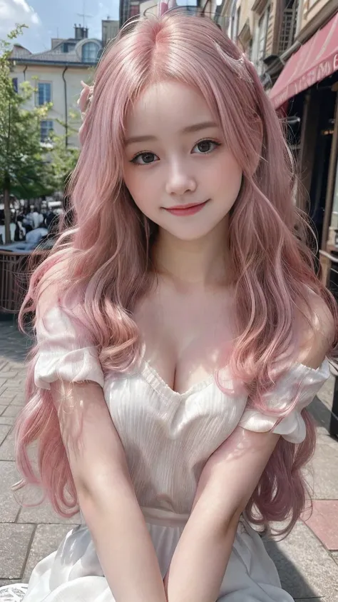 Masterpiece、４K、Looking into the camera、Photographed from the front、（Cute smile 1.6）Close-up shot、18-year-old female、Pink Hair、Loose and fluffy hair、｟Forehead｠、Fashion Model、In town、Instagram、Cute woman、Cafe Terrace、Idol Face、beautiful girl、talent