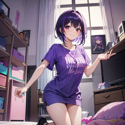 (T Masterpiece，4k wallpaper，Best Quality))、((girl１people))、(solo)、Bright and Brilliant，(Purple Hair)、(Shortcuts:1.3)、smile、Bedroom、T-Shirts、morning