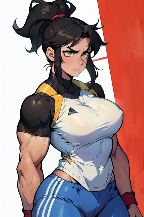 muscular girl massive breasts thick thick thick thick thick black hair yellow eyes pale skin disappointed sad frown athletic female