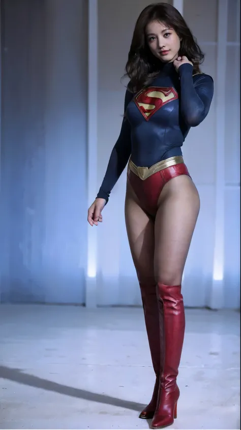 No background、(((Beautiful legs in black tights.)))、(((Legally express the beauty of your smile)))、((((Make the most of your original images)))、(((体にぴったりフィットするSupergirl Costume)))、(((Supergirl Costume)))、(((Beautiful Short Hair)))、(((She is winking cutely....