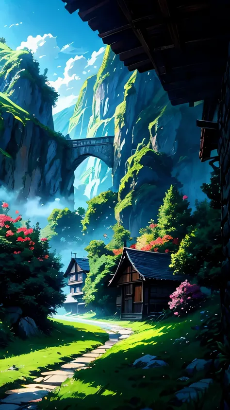 A detailed anime-style village landscape, rolling hills, winding river, lush green trees, wooden houses, cobblestone paths, birds flying in a vast blue sky, dramatic lighting, fantasy atmosphere, cinematic composition, vibrant colors, digital painting styl...