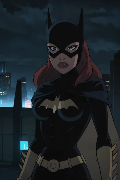 young woman, Batgirl, night, cinematic light, Red hair, black raincoat, Batgirl, masterpiece, still from the film, cinematic quality, Highest quality