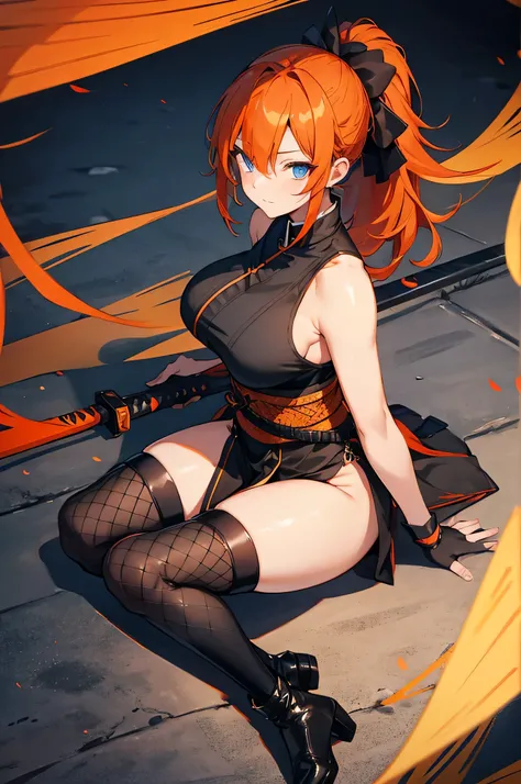 4k,High resolution,One Woman,Orange Hair,Long Ponytail,Blue Eyes,Big Breasts,samurai,Black Chinese dress,Sleeveless,Black fishnet stockings,Black gloves,Black boots,hair band,Japanese sword,Medieval town